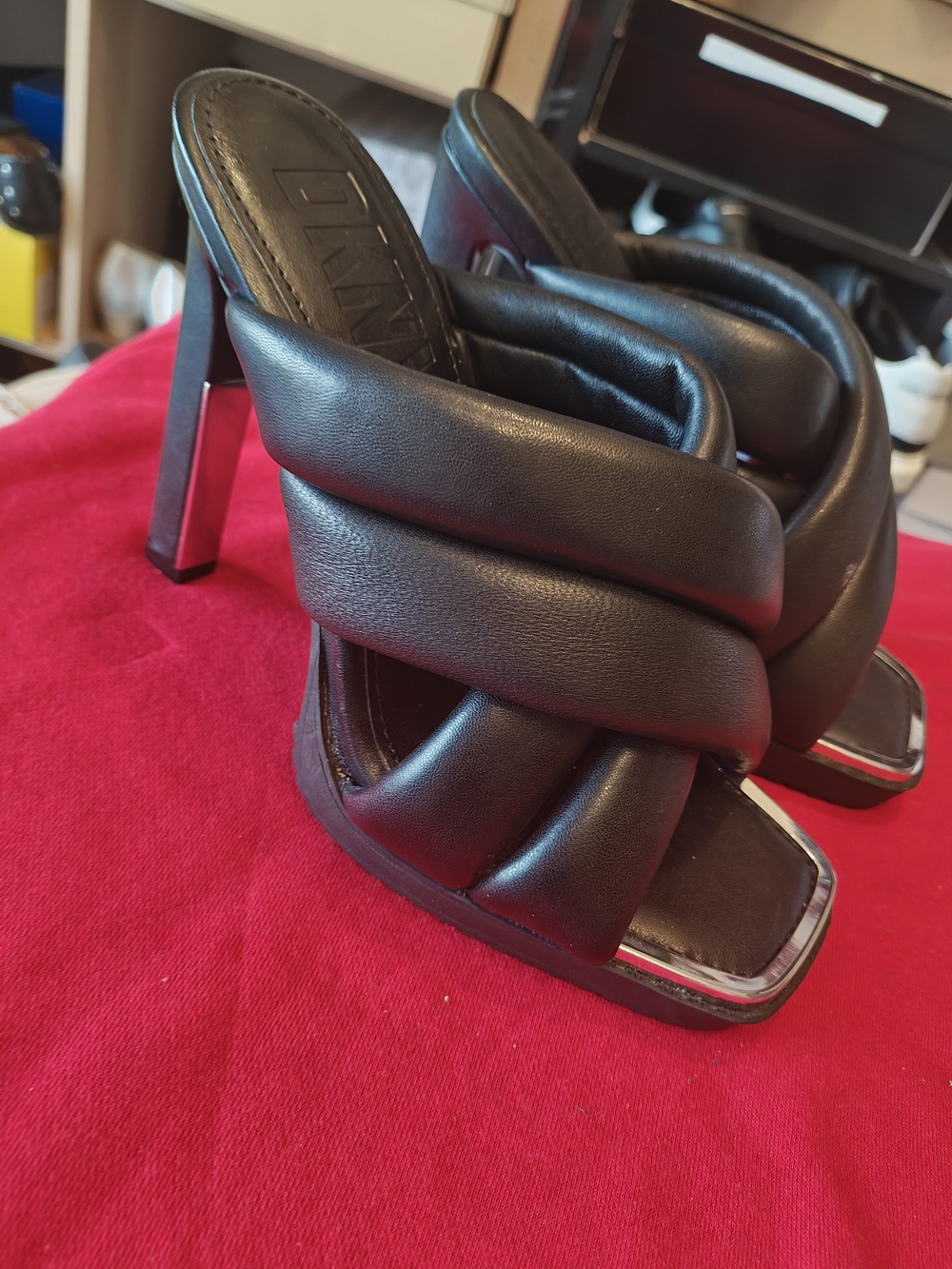 DKNY Black Padded Crossover Strap High Heel Mules 6